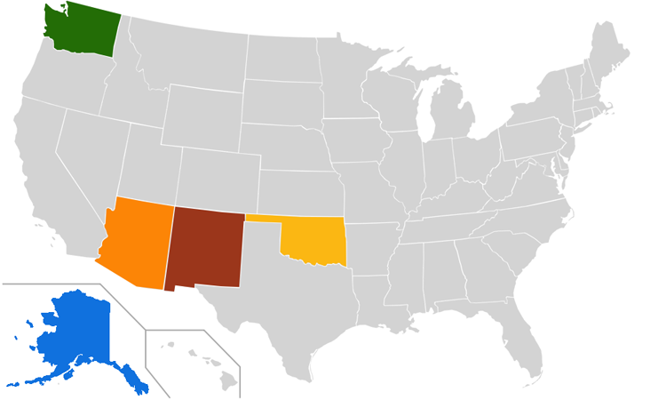 Map of the United States with Washington, Alaska, Arizona, New Mexico, and Oklahoma highlighted.