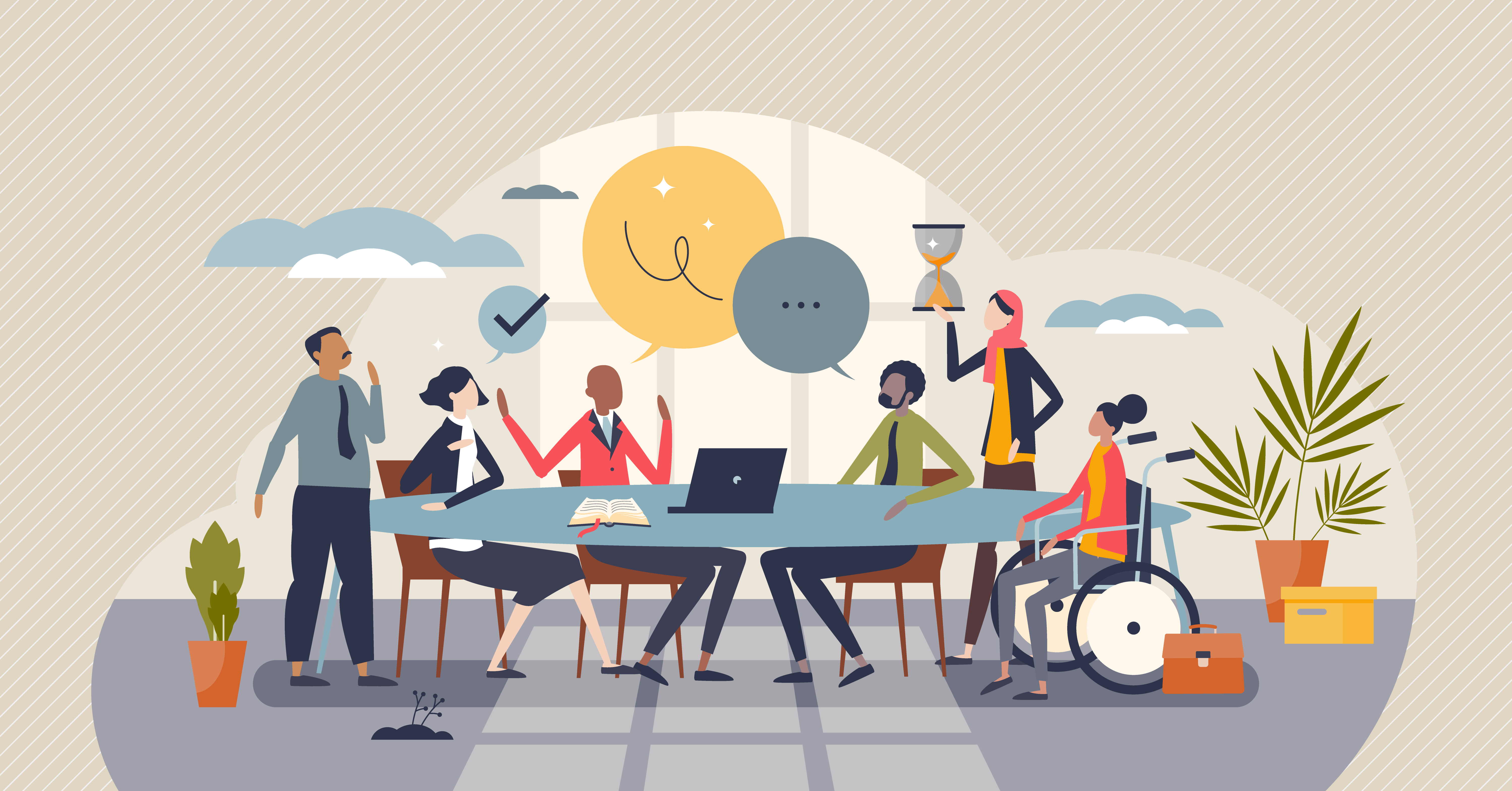 Diversity and inclusion in the workplace with various ethnic, racial, and cultural groups vector illustration. 
