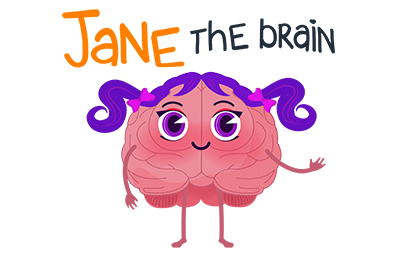A cartoon brain with a face, arms, and legs, named "Jane the Brain." The brain character has purple hair tied in pigtails with pink bows and large, expressive eyes. The text "Jane the Brain" is written above the character, with "Jane" in orange and "the brain" in black.