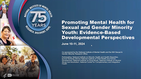 Promotional graphic for a National Institute of Mental Health workshop titled 'Promoting Mental Health for Sexual and Gender Minority Youth: Evidence-Based Developmental Perspectives,' scheduled for June 10-11, 2024. It highlights the NIMH's 75th anniversary and includes logos and images of diverse youth.